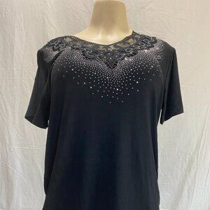 Black Lace Yoke Top with Rhinestone Embellishments – Short Sleeve Blouse